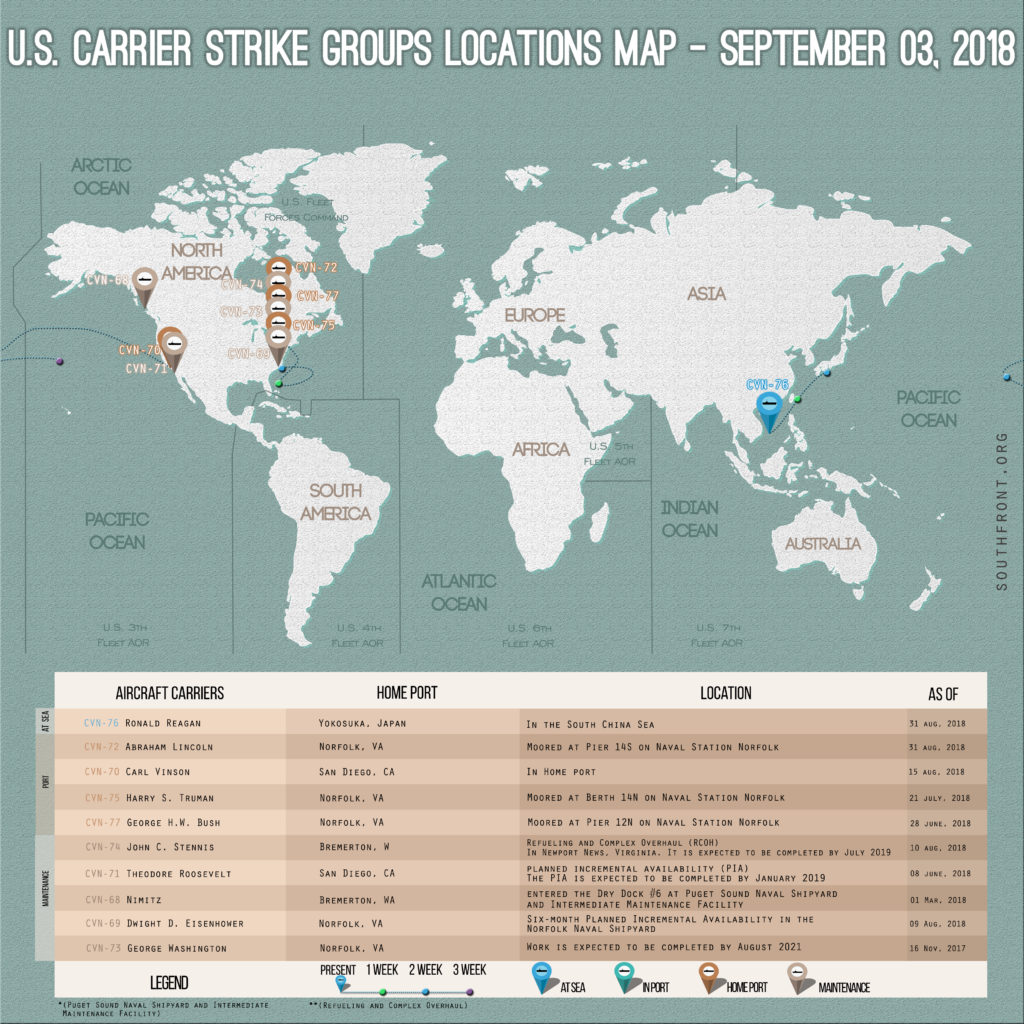 US Carrier Strike Groups Locations Map – September 3, 2018