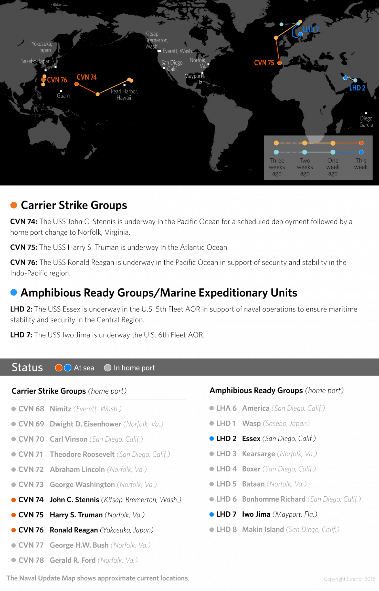 This map shows the approximate locations of U.S. Carrier Strike Groups and Amphibious Ready Groups.