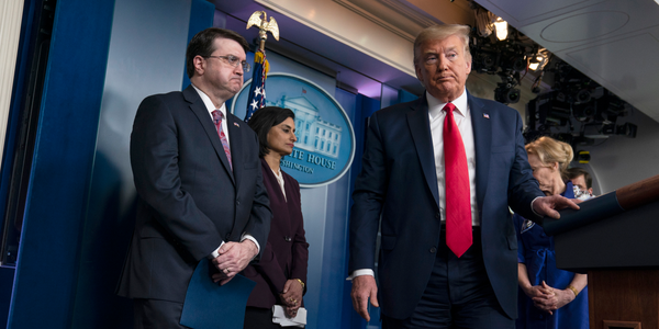President Donald Trump departs after a press briefing with the coronavirus task force, at the White House, Wednesday, March 18, 2020, in Washington, with Veterans Affairs Secretary Robert Wilkie, Administrator of the Centers for Medicare and Medicaid Services Seema Verma and Dr. Deborah Birx, White House coronavirus response coordinator. (AP Photo/Evan Vucci)