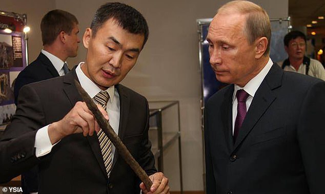 Grigoriev and Vladimir Putin are pictured above, as the scientist explains a how a still-sharp 13,000-year-old spear made from the horn of an extinct woolly rhino was used to slaughter mammoths