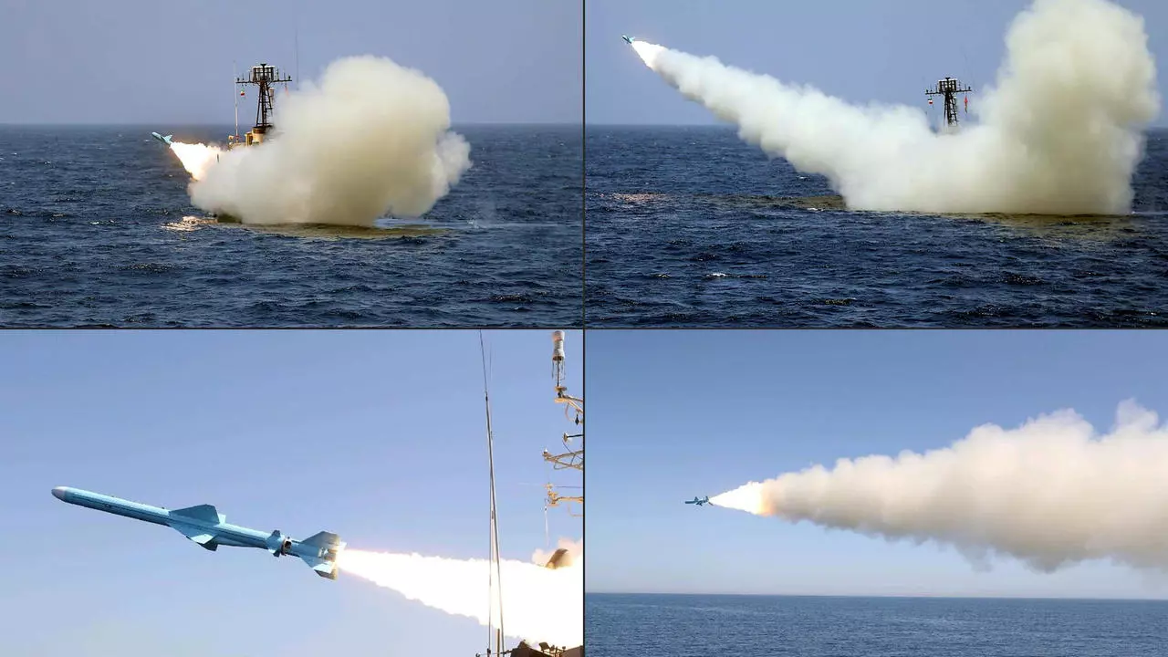 صورة مركبة أعدتها القوات المسلحة الإيرانية تظهر إطلاق صاروخ من سفينة حربية إيرانية في البحر خلال مناورات في خليج عُمان، في 18 حزيران/يونيو 2020