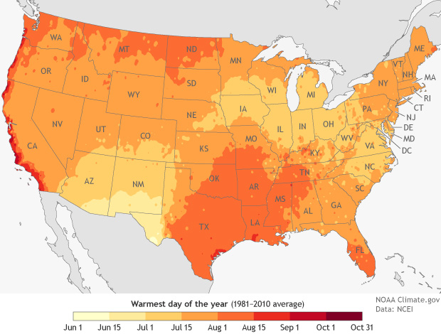 If things go as “normal,” most U.S. locations will have their hottest day  of the year by the end of July | NOAA Climate.gov