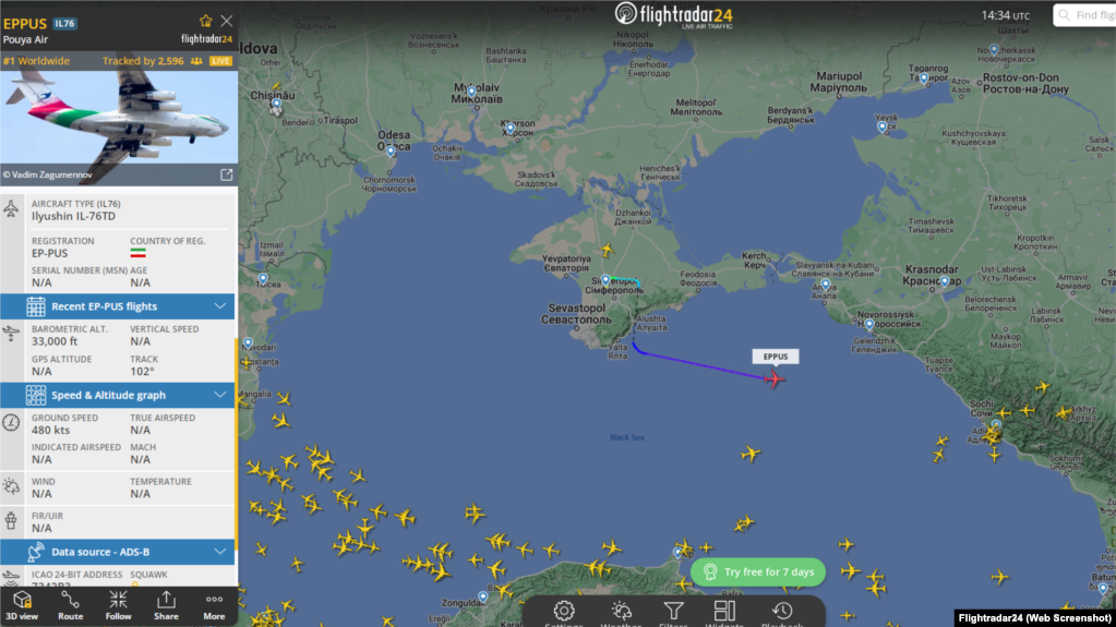 מפת התנועה האווירית של האזור ותנועת מטוס איליושין 76 שפורסמה על ידי התקשורת האוקראינית